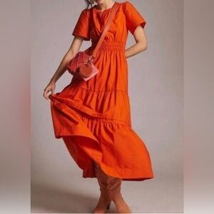 Anthropologie Somerset Red ShortSleeve Cotton VNeck Smocked Waist Maxi Dress XXS